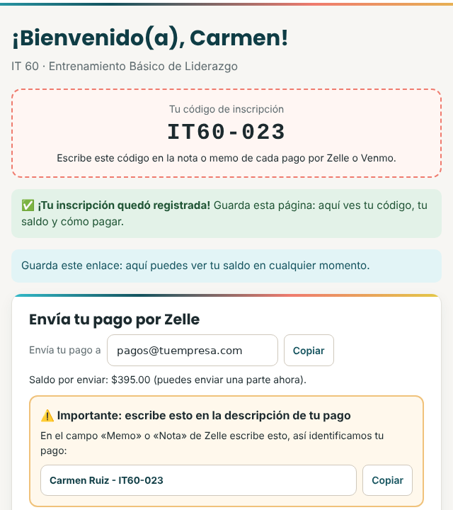 Página privada del participante con su código y las instrucciones para pagar por Zelle